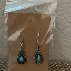 Handcrafted Turquoise colored and Silver Teardrop Earrings